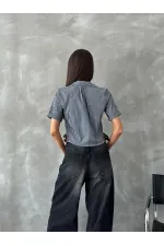 Topshow Black Striped Belt Detailed Striped Wholesale Shirt