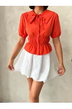 Yaka Detaylı Büzgülü Gömlek - Oranj Topshow