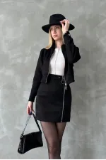 Süet Crop Toptan Mont - Siyah | TOPSHOW | F1551