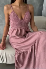 Topshow Powder Linen Strap V-Neck Full Length Wholesale Dress