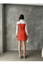 Knee-Length Poplin Dress with Sleeves and Chest - Orange | TOPSHOW | F1139