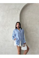 Çizgili Keten Gömlek - Açık Mavi | Topshow | F1917