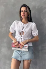 Topshow White Front Tie Poplin Wholesale Blouse