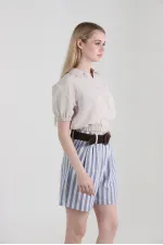 Topshow Mavi Çizgili Kemerli Keten Toptan Şort
