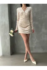 Knee-Length Embellished Wholesale Dress - Stone | TOPSHOW | F1376