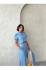 Embroidered Front Tie Wholesale Blouse - Light Blue | Topshow