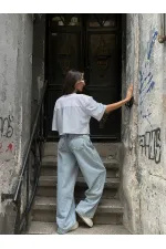 Blouse courte Topshow blanche et bleue ornée, vente en gros