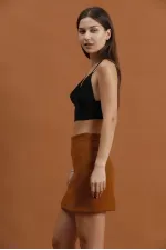 Jupe courte fendue et détaillée en gros - Marron | TOPSHOW | F1351