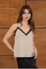 D 2929 LACE DETAIL SATIN TANK TOP - STONE