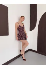 D3003  PUANTİYELİ ASKILI MİNİ ELBİSE - KAHVE TAŞ