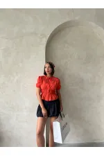 Gathered Shirt with Collar Detail - Orange | Topshow