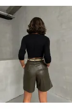 Kemerli Deri Toptan Şort - Haki | TOPSHOW | F1497