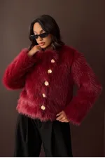 Topshow - Toptan Tavşan Tüyü Dügmeli Kaban - Bordo