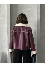 Veste en cuir zippée en gros - Rouge bordeaux crème | TOPSHOW | F1511