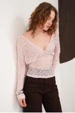 V Neck Guipure Wholesale Blouse - Pink | F2093 - Topshow