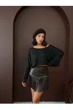 Western Style Tassel Mini Leather Skirt - BURGUNDY | F2041