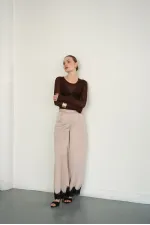 Wholesale Satin Trousers with Lace Hem - Stone | D2969 - Topshow