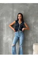 Topshow Lacivert Nakışlı Toptan Yelek