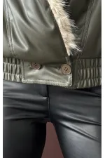 Yakası Kürklü Kruvaze Deri Mont - Haki