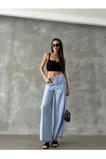 Nakışlı Keten Boru Paça Toptan Pantolon - Mavi | TOPSHOW | F1675