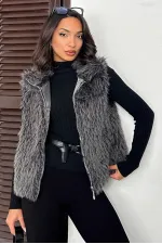 Gilet en fausse fourrure pour femme Topshow (vente en gros) – Fermeture éclair, texture douce – Gris | F2046