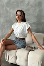 Topshow Beyaz Omuzu Dantelli Toptan T-Shirt