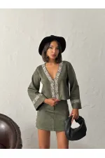 Topshow Şerit Detaylı Scuba Süet Etek - Haki | F1974