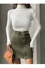 Süet Fermuarlı Toptan Etek - Haki | TOPSHOW | F0121