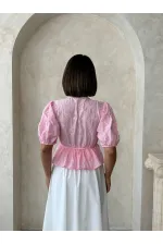 Önden Bağlamalı Nakışlı Vual Bluz - Pembe Topshow