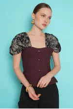 Boat Neck Blouse with Shoulder Lace Detail - Coffee | D2994 - Topshow