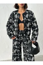 Çiçek Nakışlı Fermuarlı Ceket - Siyah | Topshow | F1948