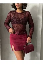 Topshow Bordo Suet Yırtmaclı Toptan Etek | F1573