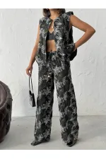 Topshow Nakışlı Keten Pantolon - Siyah | F2008