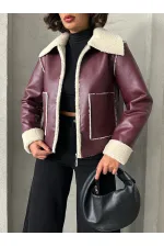 Veste en cuir zippée en gros - Rouge bordeaux crème | TOPSHOW | F1511