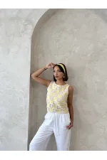 Kolsuz Dama Desen Tığ İşi Toptan Bluz - Sarı | Topshow