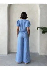 Embroidered Front Tie Wholesale Blouse - Light Blue | Topshow