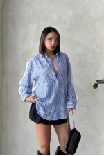 Çizgili Keten Gömlek - Koyu Mavi | Topshow | F1917