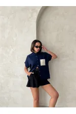 Topshow Lacivert Keten Ham Cep Aplik Cepli Keten Toptan Gömlek