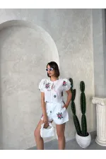 Nakışlı Vual Şort - Krem - D2882 | Topshow