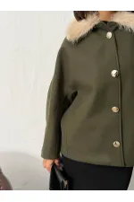 Manteau en cachemire à col peluche et boutons Topshow - Kaki | F2048