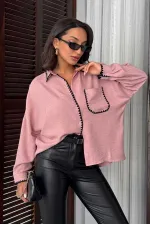 Topshow Powder Pink Black Embroidered Pocketed Linen Wholesale Shirts