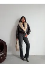 Topshow Fur-Collared Double-Breasted Leather Jacket - Brown | F2050