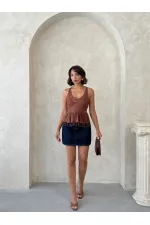 Dantel Detaylı Askılı Toptan Bluz- Kahve | Topshow