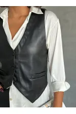 Gilet en cuir boutonné en gros - Noir | TOPSHOW | F1503