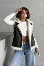 Vente en gros de gilets en daim à col en fourrure - Kaki foncé | TOPSHOW | F1532