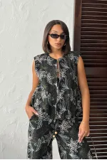 Topshow Embroidered Linen Zippered Wholesale Vest - Black | F2007