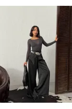Yüksek Bel Bol Paça Saten Pantolon – Şık Ve Rahat Tasarım - Siyah | F2052