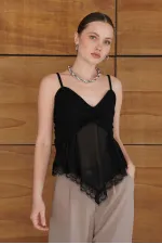 Strappy Lace Detail Tulle Wholesale Blouse - Black | D2979 - Topshow