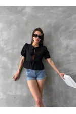 Topshow Siyah Önden Bağlamalı Poplin Toptan Bluz