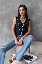 Topshow Lacivert Nakışlı Toptan Yelek